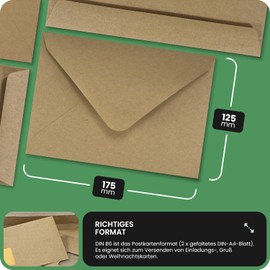 Netuno Pack of 50 Envelopes Kraft Paper DIN B6 125 x 175 mm 100 g Aster Kraft Brown Envelopes Vintage Retro for Invitation Cards Wedding Birthday Cards Christmas Elegant Envelopes Recycling