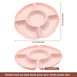 TULEBOLIAN 4 X 5 Sectional Round Plastic Appetizer Snack Serving Platter, Compartment Trays, Reusable Party Appetizer Platter with Dividers for Movie Night, 9.65in (Pink+Green)