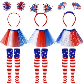 Shyyween 9Pcs 4th of July Costume Accessories Independence Day Headband Red White and Blue Tutu and 4th of July Striped Socks Patriotic Outfits for Red White Blue Party Supplies Favors Decorations