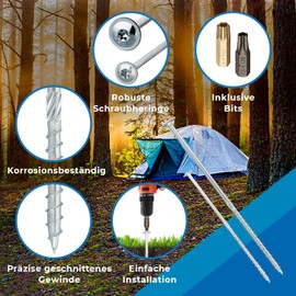 18 Screw Pegs Tent Screws with Bit Attachment and 18 Washers Transport Box for Camping, Tent Attachment, Motorhome, Caravan Awning or Storm Protection Silver