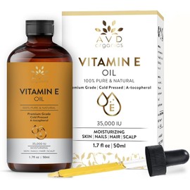 AVD Organics 100% Pure Vitamin E Oil 35000 IU 50ML – Cold-Pressed, Tocopherol for Skin, Hair, & Nails