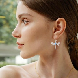 Vintage Opal Dragonfly Dangle Drop Earrings for Women 925 Sterling Silver Dragonfly Earrings with Diamond for Birthday Anniversary