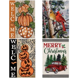 RNFENQS 4 Sets Seasonal Garden Flags Double Sided Burlap 12 x 18 Inch Welcome Yard Flags Fall Winter Thanksgiving Christmas Outdoor Decoration