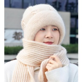Lopsity Winter Warm Knitted Hat for Women Integrated Ear Protection Windproof Cap Scarf Knitting Thick Winter Knitted Hat for Women 2 in 1 Winter Warm Knitted Hat Scarf (AU, Alpha, Large, Beige)