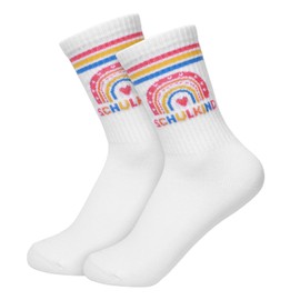 Joyesplay Schulkind Socks 2025 Girls Boys Socks First Day of School Made of Pure Cotton Suitable Shoe Size 25-34, Rainbow Colour Socks for School Entry