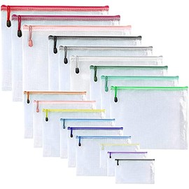 Oaimyy-18 Pcs-Plastic Mesh Zipper Pouch Document Folders Bag with Label Pocket & Zipper-Waterproof Zip File Folders for School Office Supplies, Travel, Organizing Storage (6 Sizes, Multicolor)