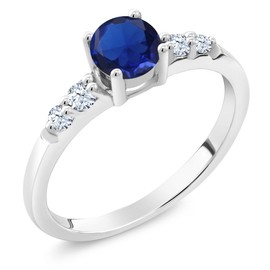 Gem Stone King 925 Sterling Silver Blue Created Sapphire and White Created Sapphire Engagement Ring For Women (0.77 Cttw, Available 5,6,7,8,9) (Size 7)