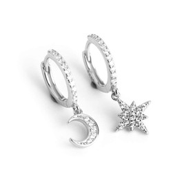 Cute Crystal Moon and Star Earrings for Women Teen Girls S925 Sterling Silver with Pendants Asymmetric Pave Set, 18 carat gold plated, Cubic Zirconia