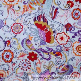 Robert Kaufman Fabrics BonEful Fabric FQ Cotton Quilt White Red Pink Purple Peacock Bird Flower Feather