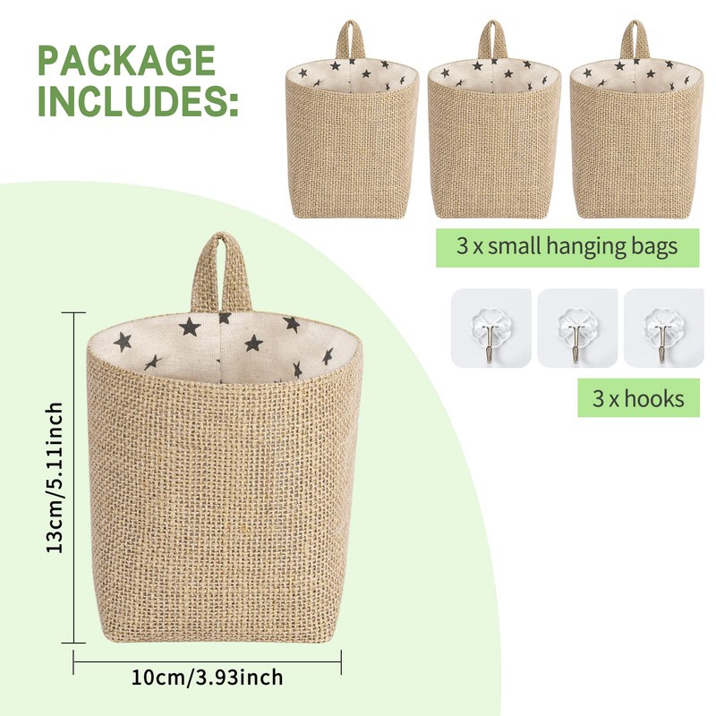 Toplive 3-Pack kleine hängende Aufbewahrungstaschen, Baumwolle Leinen Wand Mount Organizer