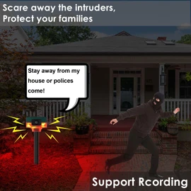 HULPPRE Solar Outdoor Motion Sensor Alarm-Dog Barking&Gunshot Sound,130db Loud Noise Maker,Support Recording,13 Kinds of Sound Strobe Light with USB,Say Goodbye to The Intruders