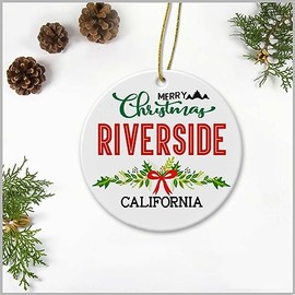 Merry Christmas Riverside California Ornament - Plastic Round Decoration Ornament Keepsake Christmas Tree Decor Housewarming Gifts Ideas for Friends, Family Members, Couples and Newlywed