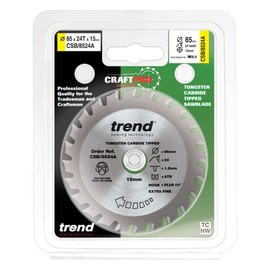 Trend CraftPro TCT Cordless Sawblade for Mini Saws, 85mm Diameter, 15mm Bore, 24 Teeth, 1.2mm Kerf, +14° Hook, CSB/8524A