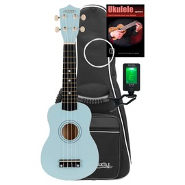 Classic Cantabile US-50 BL Soprano Ukulele Set - Ukulele with 12 Frets - Complete Set Including Bag, Tuner, Spare Strings and School - Smooth Guitar Mechanics - White Nylon Strings - Blue