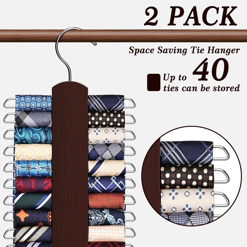 2 Pack Tie Rack for Closet, Premium Wooden Necktie Organizer