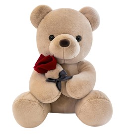 Cuddly Soft Teddy Bear Large 25 cm with Rose, Teddy Bear Small Brown Bear Cute Stuffed Toy Teddy Bear Plush Toy Cuddly Toy Decorative Room Cushion Stuffed Toy Teddy Cuddly Toy