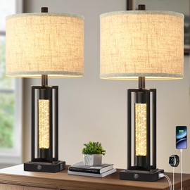 TOBUSA 26’’ Farmhouse Table Lamps for Living Room Set of 2, Modern Nightstand Lamps with 2 USB Ports and Crystal Night Light, Vintage Home Decor Black Bedside Lamps with Linen Shade for Bedroom
