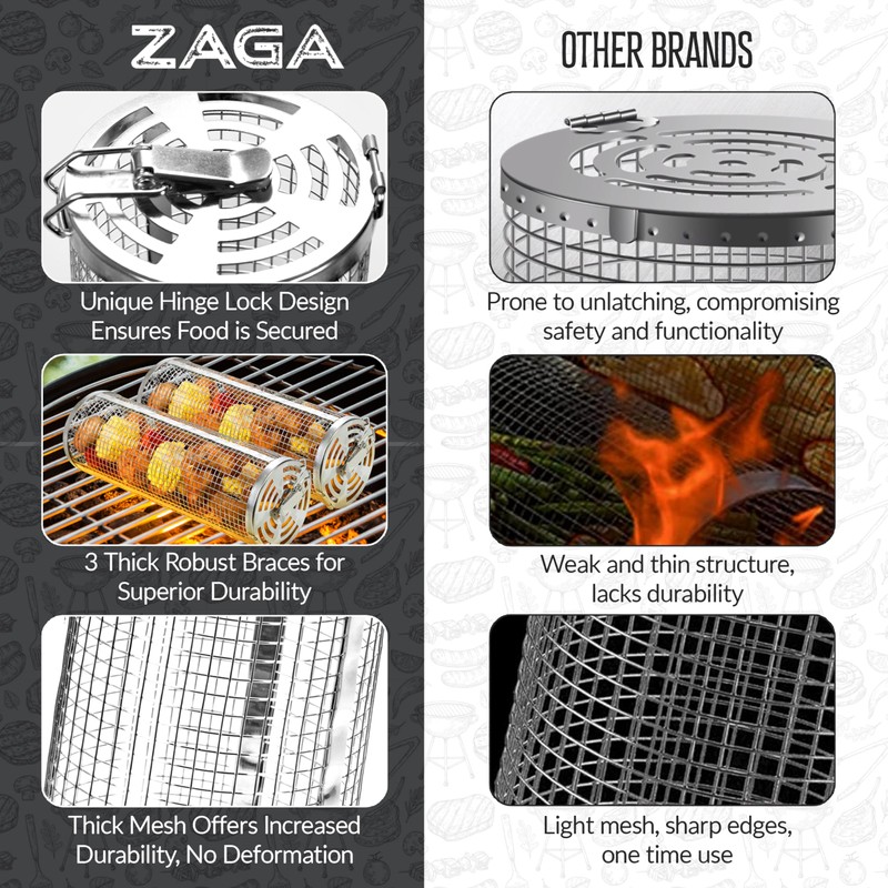 ZAGA Rolling Grill Baskets for Outdoor Grilling 2 Pcs Set