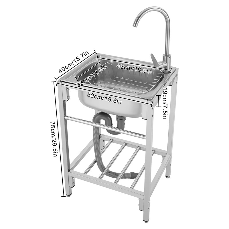 Single Basin Sink, 29.5Inch Height Kitchen Sink with Stand &