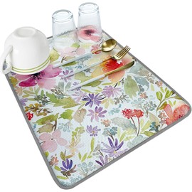 SHIYUE Dish Drying Mat for Kitchen Counter Super Absorbent Spring Kitchen Decor Microfiber Drying Matainers Rack Fast Pad Dish Drainer Mats(Watercolor Floral,16''x18'')