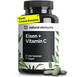 natural elements Iron with 40 mg Natural Vitamin C - 240 Vegan Iron Tablets - With Natural Vitamin C from Acerola - Chelate Complex (Iron Bisglycinate) - High Dose, No Unnecessary Additives