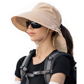 Aenmt Womens Sun Hat with Ponytail Hole，UPF 50+ Wide Brim Outdoor Summer hat Hiking Safari Beach Grdening Fishing Hat with Neck Flap Beige