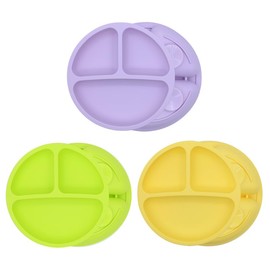Yummy Baby Products Deluxe Silicone Plates 3 Pack with Suction, 100% Silicone and BPA Free, Microwave and Dishwasher Safe, Divided Design (Green/Yellow/Lilac)