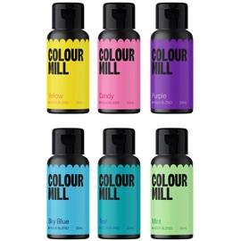 Colour Mill Pool Party Pack Aqua Blend Water-Based Food Coloring, 20 Milliliters Each of 6 Colors: Candy, Mint, Purple, Sky Blue, Teal and Yellow, 120.0 milliliters, 4.08 Fl Oz