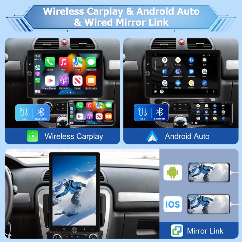 NHOPEEW Rotatable Single Din Car Stereo with Wireless Carplay and
