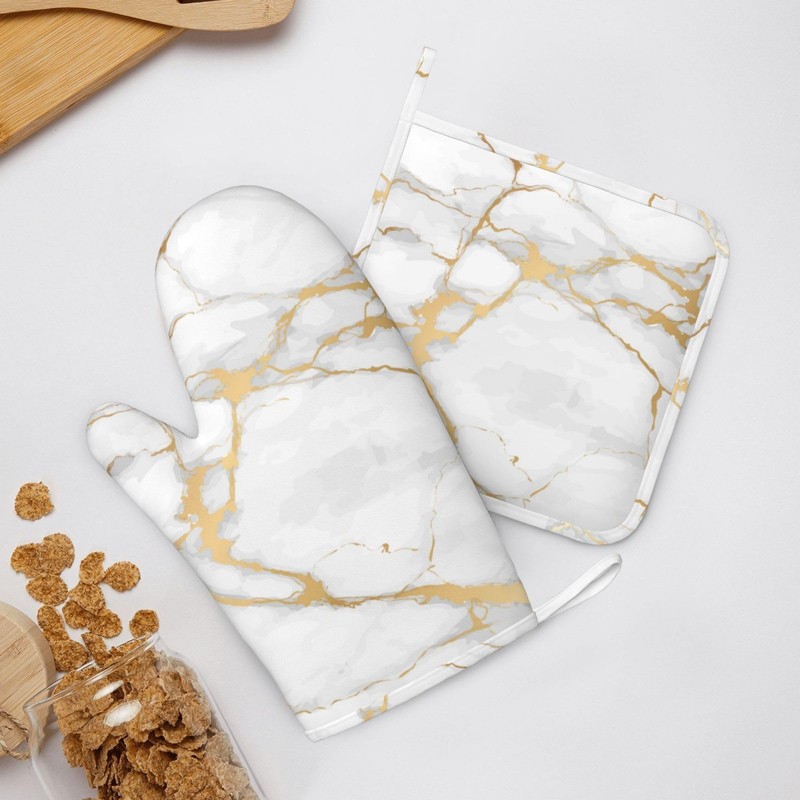 Oven Mitts and Pot Holders White Gold Marble Abstract Silicone