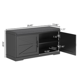 Loomie Shoe Storage Bench, 2-Tier Farmhouse Entryway Bench with Padded Seat Cushion, 13.78" D x 39.37" W x 19.69" H, Slim Shoe Cabinet Bench for Entryway, Living Room, Bedroom (Black)