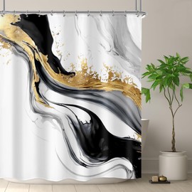 Omifly Black White Gold Marble Shower Curtain 60Wx72H Inch Abstract Modern Luxury Ink Texture Minimalist Gray Ombre Aesthetic Fluid with 12 Plastic Hooks Fabric Waterproof Toilet Accessories Decor