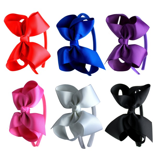 Syleia Fashion Headbands with 4 inch Bow, Set of 6 Blue, White, Black, Red, Purple, Rose School and Playtime Perfect Hair