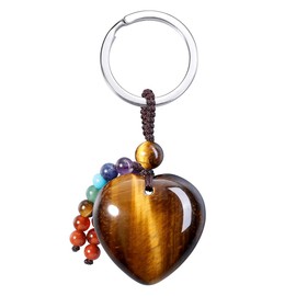 AllerPierce Heart Tiger Eye Crystal Gemstone Keyring 7 Chakra Stones Beads Yoga Keychain Natural Reiki Healing Crystals Key Rings for Women