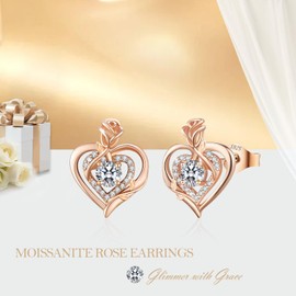 LAVUMO Earrings Silver 925, Heart Rose Moissanite Stud Earrings VVS1 D Colour Brilliant Hypoallergenic Jewellery Gift for Her Women Girlfriend Mother Anniversary Christmas Valentine's Day Birthday,