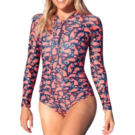 Tame the Sun Long Sleeve Swimsuits for Women - One Piece Tummy Control, UPF 50+ Bathing Suit - Rash Guard, Zipper Swimwear (Salmons, 6)