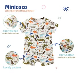 Minicoco Baby Boy 3-Pack 100% Cotton Short Sleeve Rompers-Breathable One-Piece Jumpsuits with Animal Themes for Spring/Summer