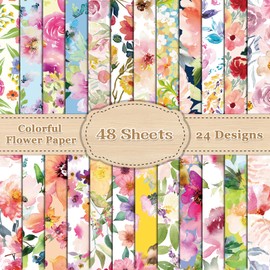 48PCS Floral Pattern Paper Double Sided Watercolor Flower Scrapbook Specialty Paper Colorful Flower Decorative Papers Folded Flat for DIY Card Making Photo Album Journal Crafts Decorations 11.4X11.4in
