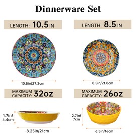 Romatlink Dinner Plates set of 4, Microwave and Dishwasher Safe, Scratch Resistant, Bohemian Style Plates and Bowls Set for Salad, Pasta, Dessert,Steak, Appetizers