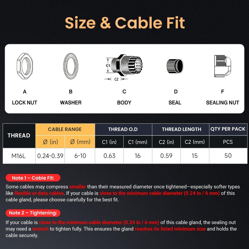 QILIPSU 50pcs M16L Long Thread Cable Gland Waterproof IP68 Nylon