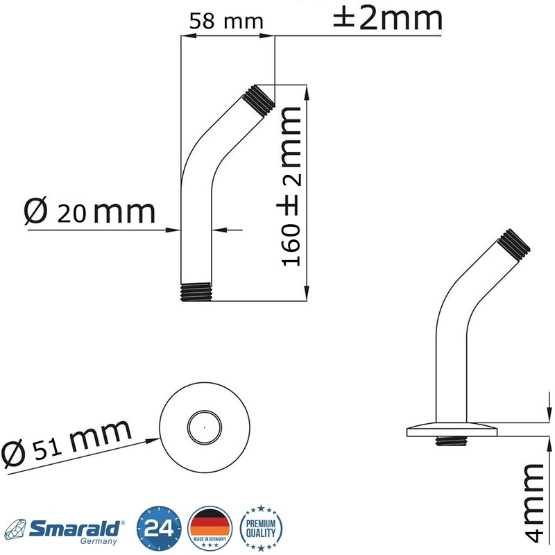 Shower Arm 45° 1/2 Inch Male / Male Thread Stainless