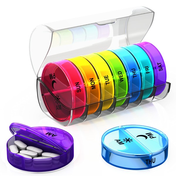 Zzteck Weekly Pill Organizer 2 Times a Day - Large Capacity –Travel Pill Box 7 Day with Airtight Lid Lock – Portable Pill Case for Purse – Ideal for Vitamins, Supplements, and Fish Oil Pills (Rainbow)