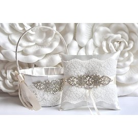 Ivory Flower Girl Basket & Ring Bearer Pillow Set, Ivory Wedding Basket, Ivory Ring Pillow, Flower Girl Gift, Proposal, Wedding Ring Pillow (2 Pillows)
