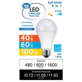 P L-RA LED Light Bulb, 16W (100W Equivalent) 3-Way Lamp E26 Medium Base, Non-Dimmable, Soft White, 1-Pack - 40W, 60W, 100W Equivalent 3way Bulb