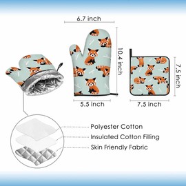 Samgula Red Panda Oven Mitts and Pot Holders Sets Cute Cat-Bear Bamboo Oven Mitt Heat Resistant 3pcs for Cooking Baking BBQ