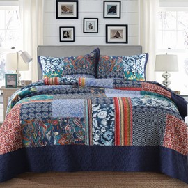 Yvooxny California King Quilt Set Reversible Lightweight Bohemian Paisley Patchwork Cotton Quilted Bedspread Coverlet Set 3-Piece Quilt Set with Pillowcases for All Seasons, 118 x 110 Inches