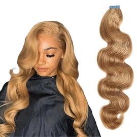 Honey BlondeBody Wave Tape in Hair Extensions Human Hair 12inch 100g 40pcs #27 Strawberry Blonde Wavy Tape Attached Human Hair Tape in Extensions Invisible Skin Weft