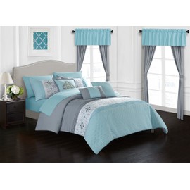 Chic Home Emily 20 Piece Comforter Set Color Block Floral Embroidered Bag Bedding-Sheets Window Treatments Decorative Pillows Shams Included, King, Aqua Blue
