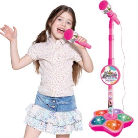 DAJASD Kids Microphone and Stand, Adjustable Kids Karaoke Machines with Flashing Stage Lights, Sing Musical Toy with Flashing Stage Lights for Girls, Microphone with Stand for Kids 8-12 Birthday Gift