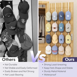 SWTYMIKI Over Door Hat Organizer - 4 Packs Metal Hanging Hat Rack with 16 Hooks Design, Baseball Cap Hanger Organizer Storage Holds up to 80 Caps for Door, Bedroom, Closet